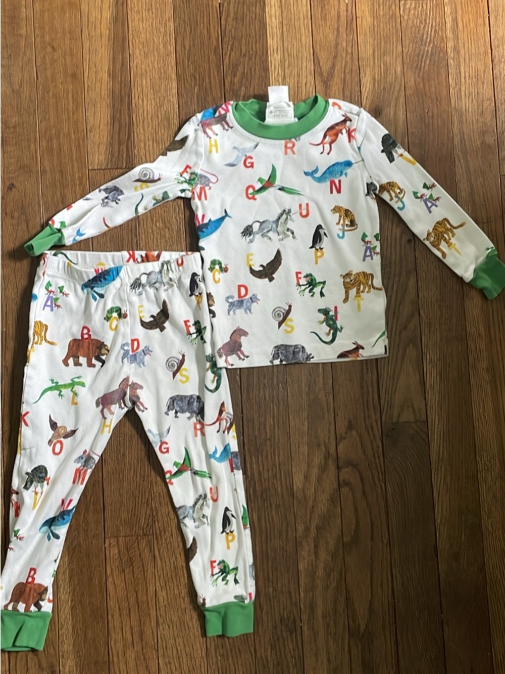 Pottery Barn Kids White Animal Alphabet Pajama Set with Green Trim